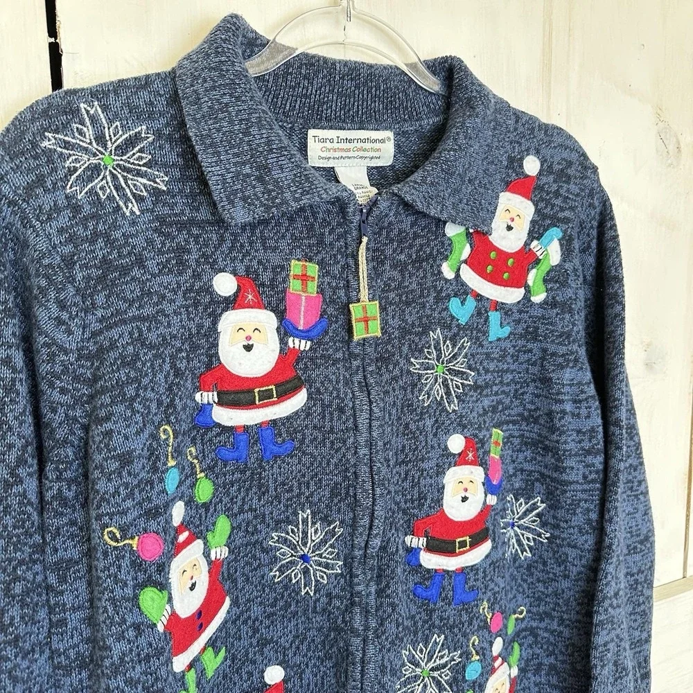 Tiara International Santa Christmas Cardigan Sweater Large Embellished VTG‎ 90s